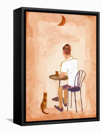 Drink Coffee at the Cafe While Watching the Moon, 2016 (Gouache on Paper and Adobe Photoshop)-Hiroyuki Izutsu-Framed Premier Image Canvas