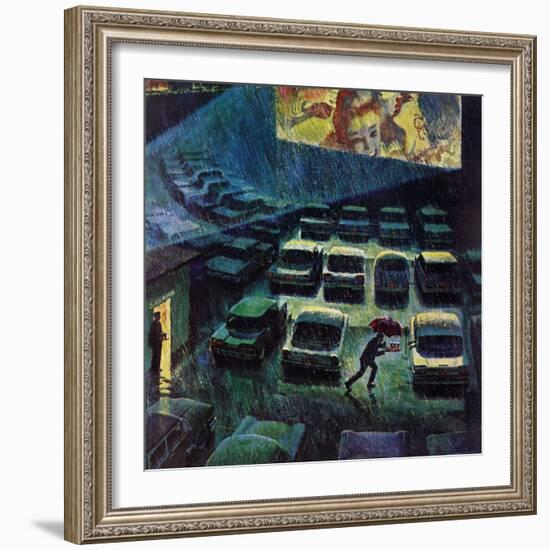 "Drive-In Movie in the Rain," May 13, 1961-John Falter-Framed Giclee Print