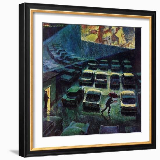 "Drive-In Movie in the Rain," May 13, 1961-John Falter-Framed Giclee Print