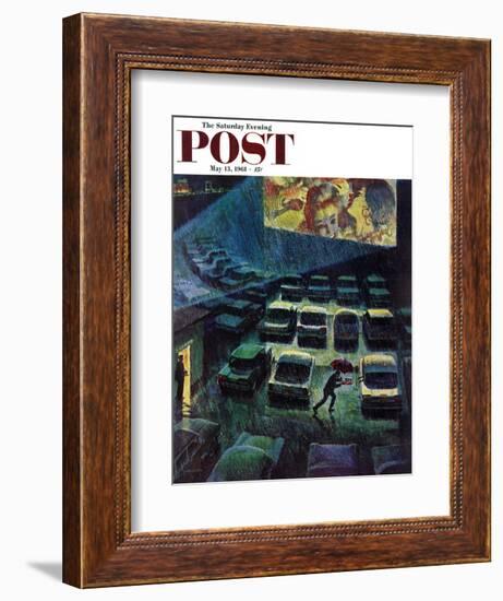 "Drive-In Movie in the Rain," Saturday Evening Post Cover, May 13, 1961-John Falter-Framed Giclee Print