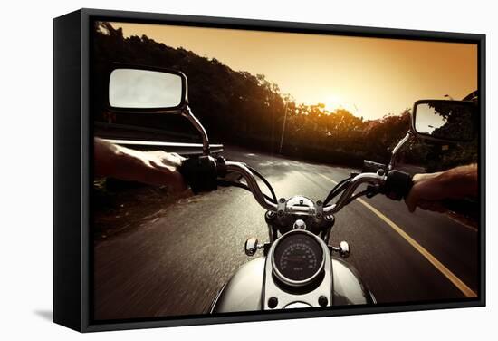 Driver Riding Motorcycle On An Asphalt Road Through Forest-Dudarev Mikhail-Framed Stretched Canvas