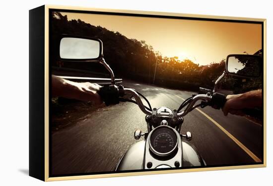 Driver Riding Motorcycle On An Asphalt Road Through Forest-Dudarev Mikhail-Framed Stretched Canvas