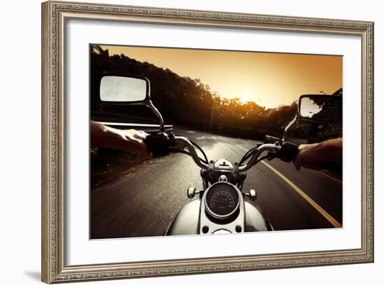Driver Riding Motorcycle On An Asphalt Road Through Forest-Dudarev Mikhail-Framed Art Print