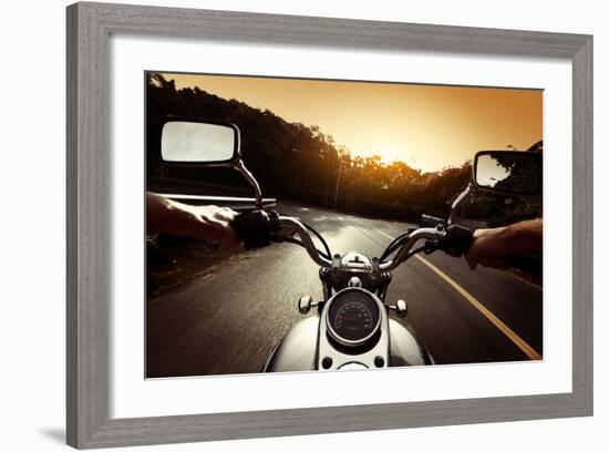 Driver Riding Motorcycle On An Asphalt Road Through Forest-Dudarev Mikhail-Framed Art Print