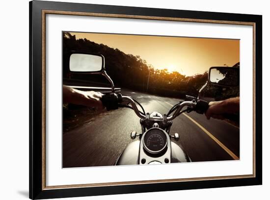 Driver Riding Motorcycle On An Asphalt Road Through Forest-Dudarev Mikhail-Framed Art Print