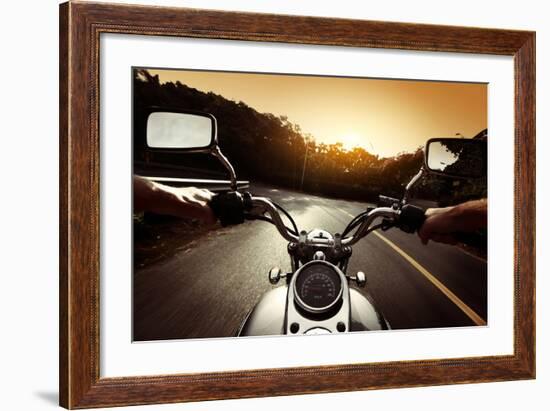 Driver Riding Motorcycle On An Asphalt Road Through Forest-Dudarev Mikhail-Framed Art Print