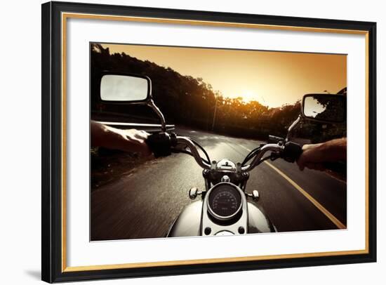 Driver Riding Motorcycle On An Asphalt Road Through Forest-Dudarev Mikhail-Framed Art Print