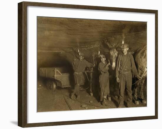 Drivers and Mules with Young Laborers in a West Virginia Coal Mine. October 1908-null-Framed Photo