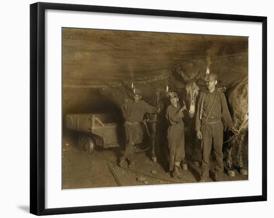 Drivers and Mules with Young Laborers in a West Virginia Coal Mine. October 1908-null-Framed Photo