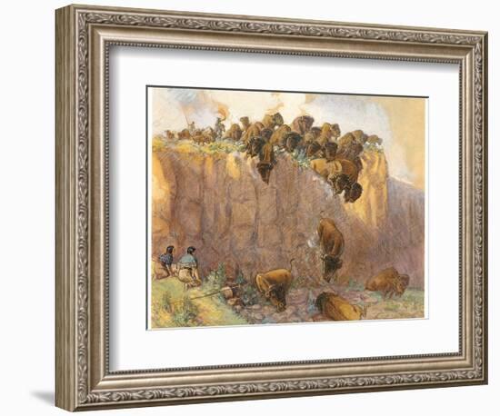 Driving Buffalo over the Cliff, 1914 (W/C, Ink and Gouache on Board)-Charles Marion Russell-Framed Giclee Print