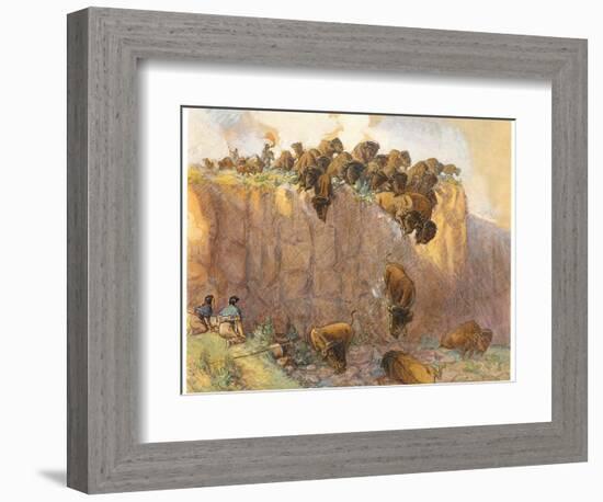 Driving Buffalo over the Cliff, 1914 (W/C, Ink and Gouache on Board)-Charles Marion Russell-Framed Giclee Print