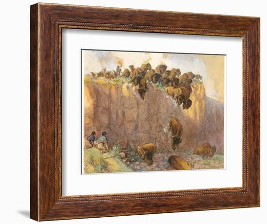 Driving Buffalo over the Cliff, 1914 (W/C, Ink and Gouache on Board)-Charles Marion Russell-Framed Giclee Print