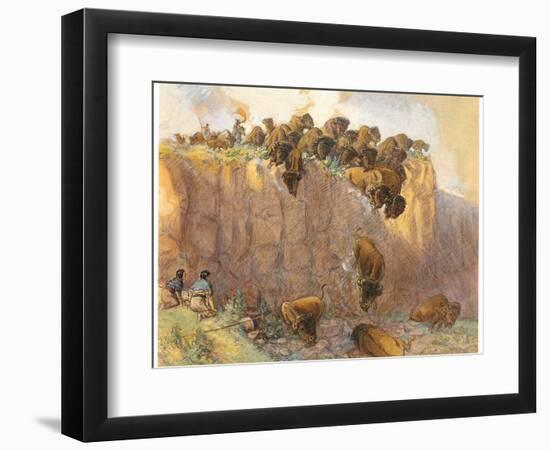 Driving Buffalo over the Cliff, 1914 (W/C, Ink and Gouache on Board)-Charles Marion Russell-Framed Giclee Print