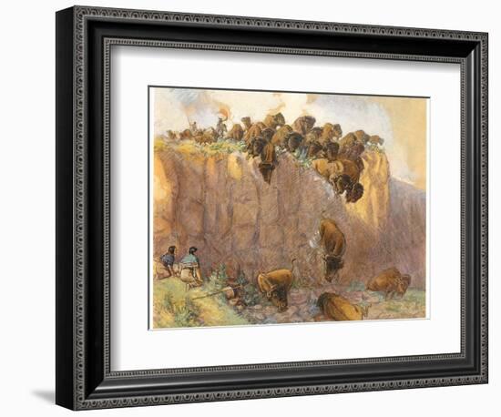 Driving Buffalo over the Cliff, 1914 (W/C, Ink and Gouache on Board)-Charles Marion Russell-Framed Giclee Print