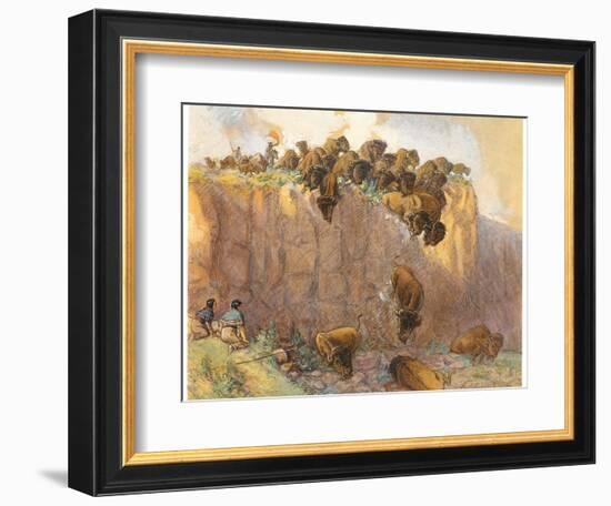 Driving Buffalo over the Cliff, 1914 (W/C, Ink and Gouache on Board)-Charles Marion Russell-Framed Giclee Print