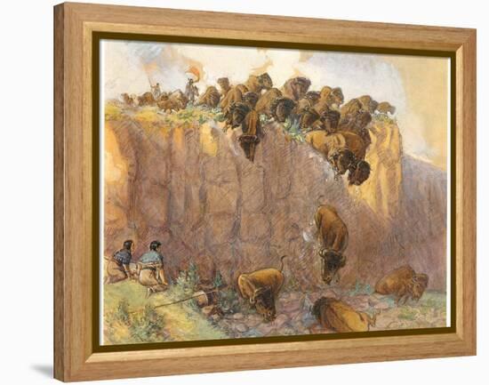 Driving Buffalo over the Cliff, 1914 (W/C, Ink and Gouache on Board)-Charles Marion Russell-Framed Premier Image Canvas