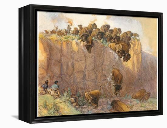 Driving Buffalo over the Cliff, 1914 (W/C, Ink and Gouache on Board)-Charles Marion Russell-Framed Premier Image Canvas