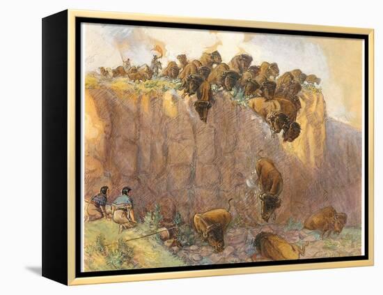 Driving Buffalo over the Cliff, 1914 (W/C, Ink and Gouache on Board)-Charles Marion Russell-Framed Premier Image Canvas