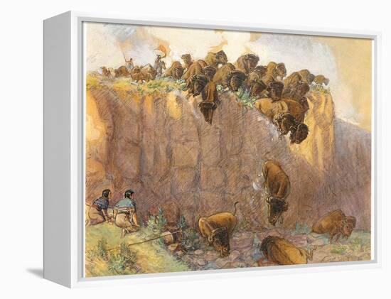 Driving Buffalo over the Cliff, 1914 (W/C, Ink and Gouache on Board)-Charles Marion Russell-Framed Premier Image Canvas