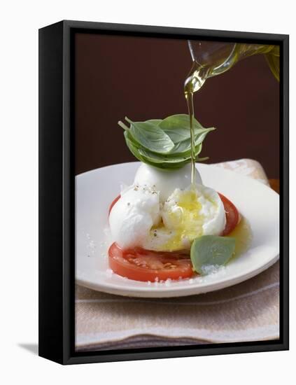 Drizzling Insalata Caprese with Olive Oil-null-Framed Premier Image Canvas