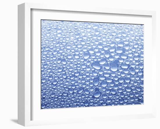 Drops of Water on Sheet of Glass with Blue Background-Marc O^ Finley-Framed Photographic Print