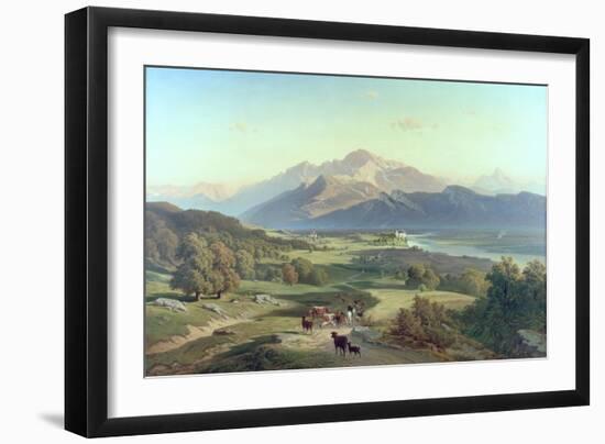 Drover on Horseback with His Cattle in a Mountainous Landscape with Schloss Anif, Salzburg-Josef Mayburger-Framed Giclee Print