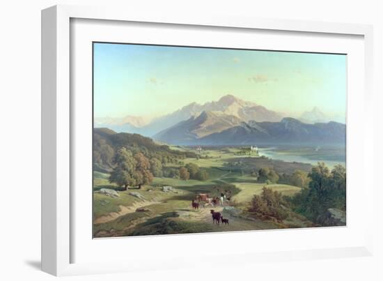 Drover on Horseback with His Cattle in a Mountainous Landscape with Schloss Anif, Salzburg-Josef Mayburger-Framed Giclee Print