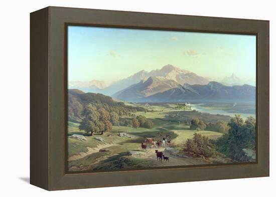 Drover on Horseback with His Cattle in a Mountainous Landscape with Schloss Anif, Salzburg-Josef Mayburger-Framed Premier Image Canvas