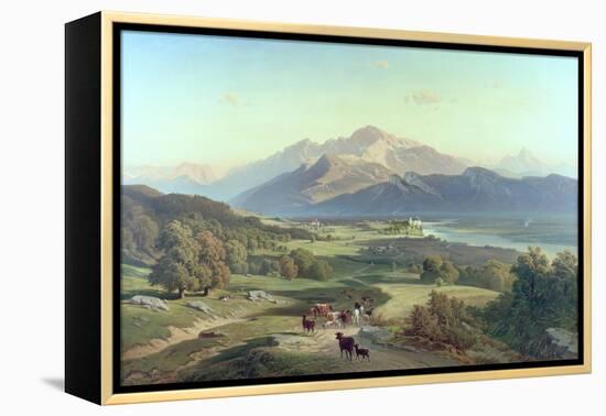 Drover on Horseback with His Cattle in a Mountainous Landscape with Schloss Anif, Salzburg-Josef Mayburger-Framed Premier Image Canvas