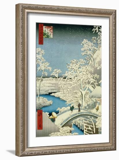 Drum Bridge and Setting Sun Hill at Meguro, from the Series "100 Views of Edo"-Ando Hiroshige-Framed Giclee Print