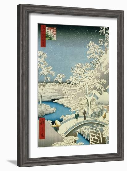 Drum Bridge and Setting Sun Hill at Meguro, from the Series "100 Views of Edo"-Ando Hiroshige-Framed Giclee Print