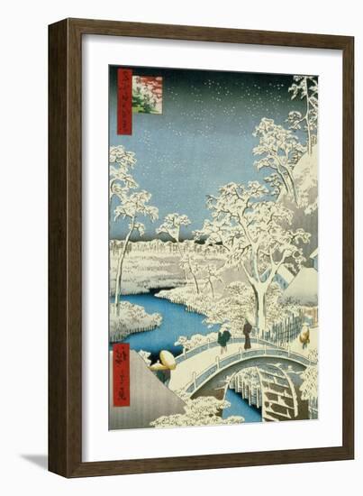 Drum Bridge and Setting Sun Hill at Meguro, from the Series "100 Views of Edo"-Ando Hiroshige-Framed Giclee Print