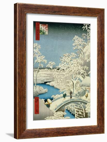 Drum Bridge and Setting Sun Hill at Meguro, from the Series "100 Views of Edo"-Ando Hiroshige-Framed Giclee Print