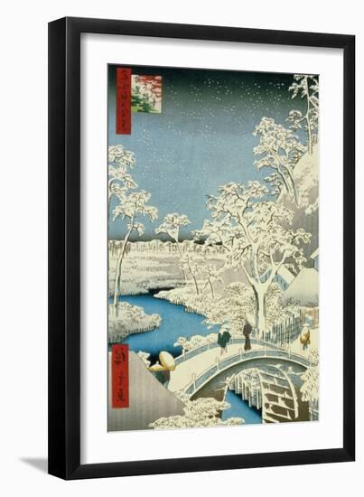 Drum Bridge and Setting Sun Hill at Meguro, from the Series "100 Views of Edo"-Ando Hiroshige-Framed Giclee Print