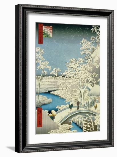 Drum Bridge and Setting Sun Hill at Meguro, from the Series "100 Views of Edo"-Ando Hiroshige-Framed Giclee Print