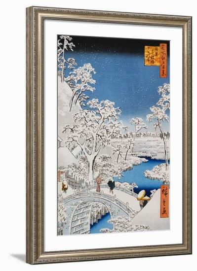 Drum Bridge at Meguro, from the Series "100 Views of Edo"-Ando Hiroshige-Framed Art Print