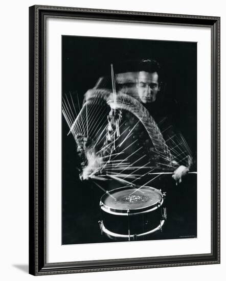 Drummer Gene Krupa Playing Drum at Gjon Mili's Studio-Gjon Mili-Framed Premium Photographic Print