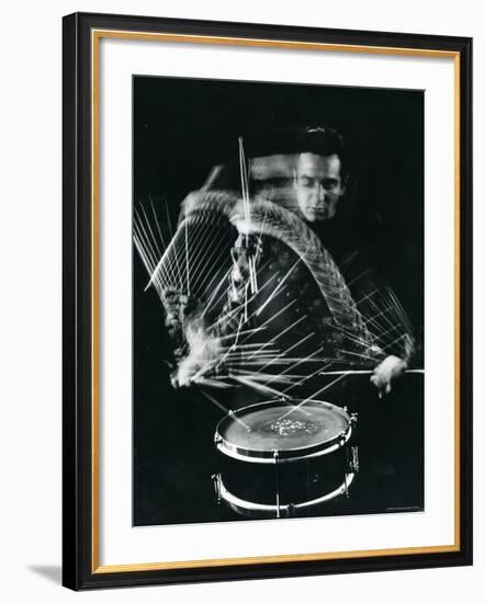 Drummer Gene Krupa Playing Drum at Gjon Mili's Studio-Gjon Mili-Framed Premium Photographic Print