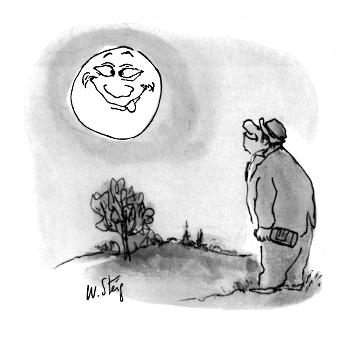 Drunken tramp smiles at moon, upon which is a cross- eyed face sticking ou…  - New Yorker Cartoon' Premium Giclee Print - William Steig 