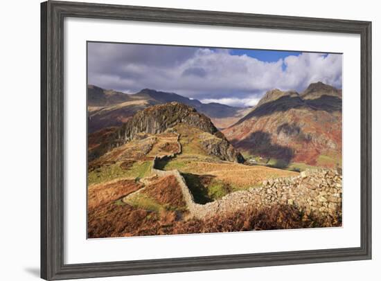 Drystone Wall on Lingmoor Fell Looks Towards Side Pike and Langdale Valley, Lake District, Cumbria-Adam Burton-Framed Photographic Print