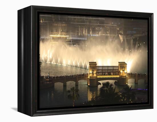 Dubai Fountain, Burj Khalifa Lake, Downtown, Dubai, United Arab Emirates, Middle East-Amanda Hall-Framed Premier Image Canvas