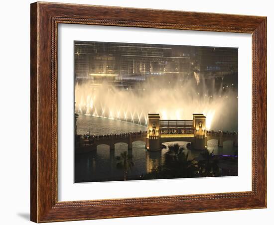 Dubai Fountain, Burj Khalifa Lake, Downtown, Dubai, United Arab Emirates, Middle East-Amanda Hall-Framed Photographic Print