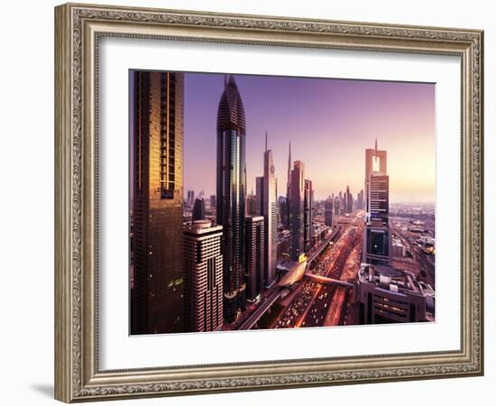 Dubai Skyline in Sunset Time, United Arab Emirates-Iakov Kalinin-Framed Photographic Print