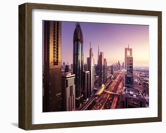 Dubai Skyline in Sunset Time, United Arab Emirates-Iakov Kalinin-Framed Photographic Print