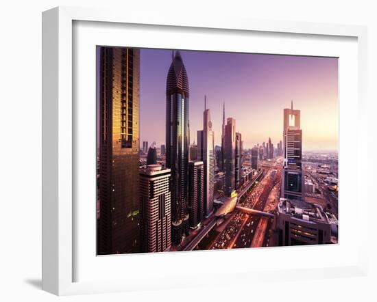 Dubai Skyline in Sunset Time, United Arab Emirates-Iakov Kalinin-Framed Photographic Print