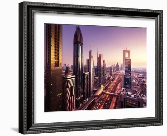 Dubai Skyline in Sunset Time, United Arab Emirates-Iakov Kalinin-Framed Photographic Print