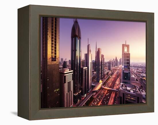 Dubai Skyline in Sunset Time, United Arab Emirates-Iakov Kalinin-Framed Premier Image Canvas