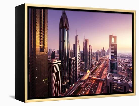 Dubai Skyline in Sunset Time, United Arab Emirates-Iakov Kalinin-Framed Premier Image Canvas