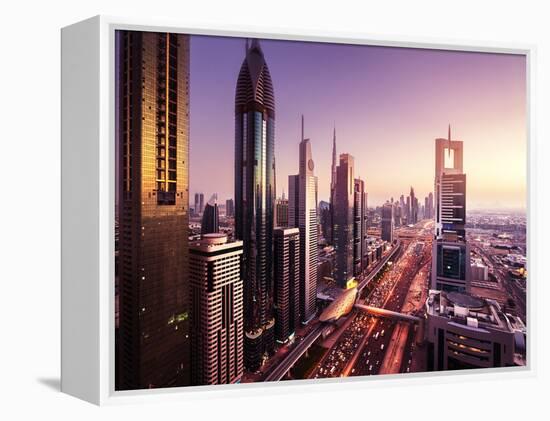 Dubai Skyline in Sunset Time, United Arab Emirates-Iakov Kalinin-Framed Premier Image Canvas