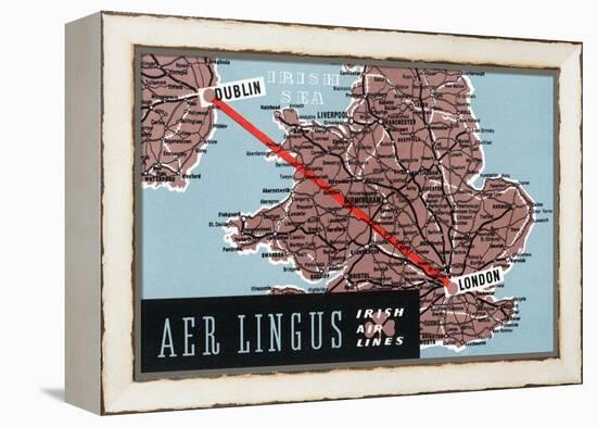 Dublin, Ireland - Aer Lingus Irish Airlines, Map View of Dublin-London Route-Lantern Press-Framed Stretched Canvas